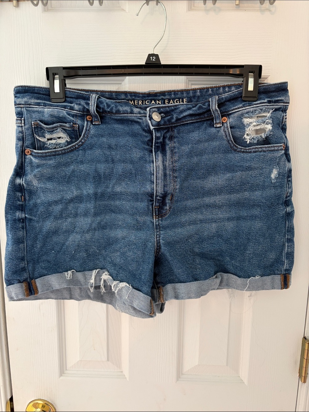 American Eagle Outfitters Mom Short Distressed Rolled-Hem Denim Shorts - Blue
